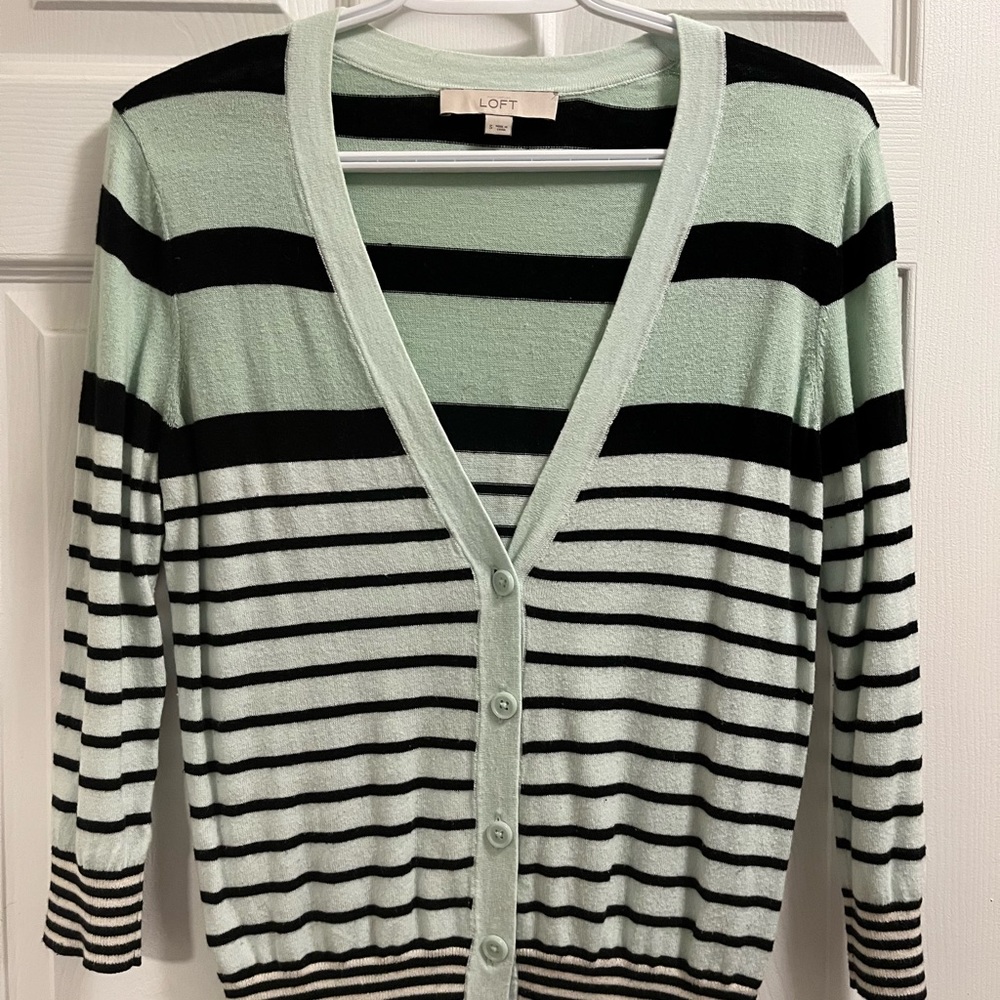 Loft mint green and black striped cardigan